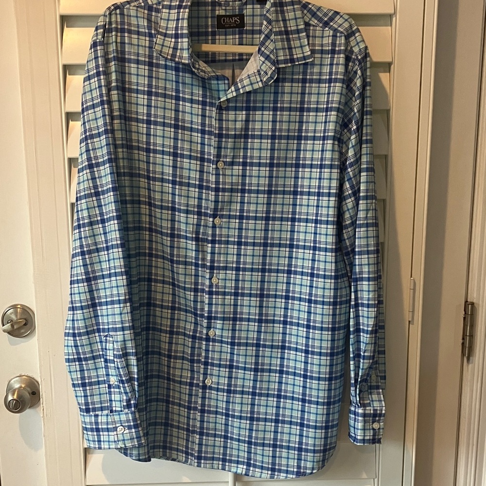 Chaps Men's White and Blue Checkered Shirt Size XL/TG
